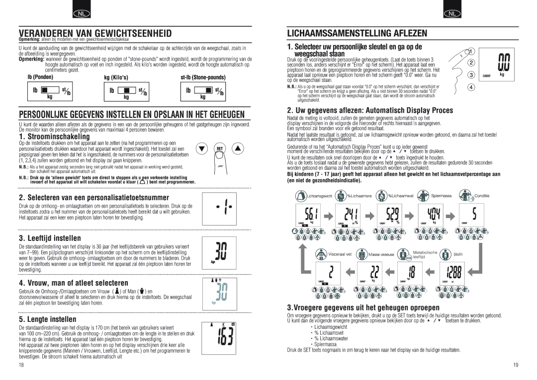 Tanita BC-554 instruction manual Veranderen VAN Gewichtseenheid 