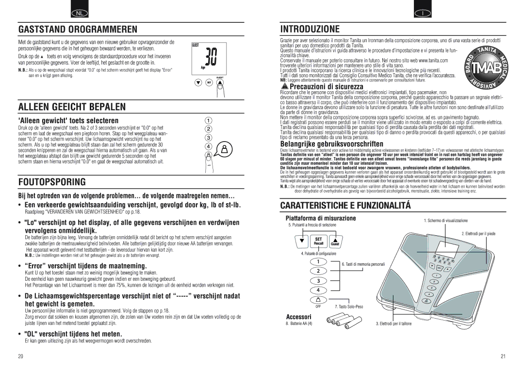 Tanita BC-554 instruction manual Gaststand Orogrammeren, Foutopsporing, Introduzione 