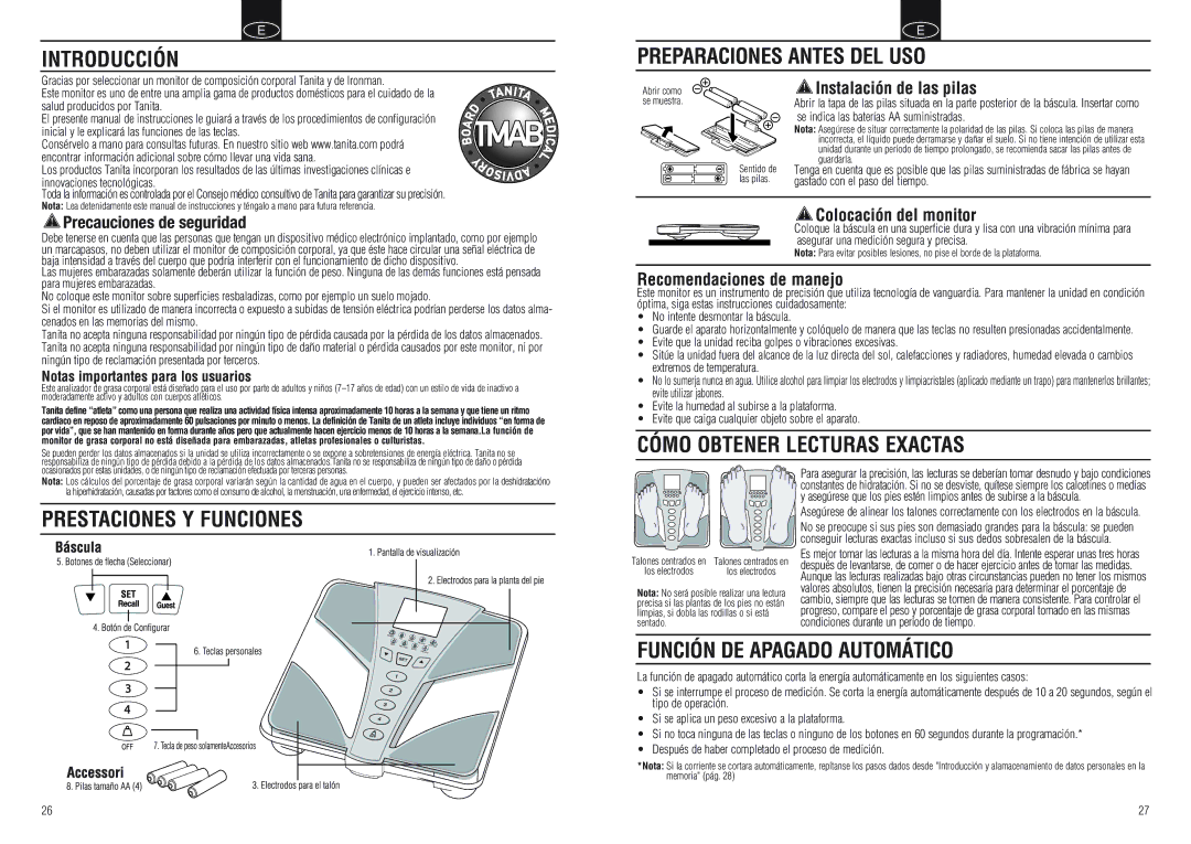Tanita BC-554 Introducción Preparaciones Antes DEL USO, Cómo Obtener Lecturas Exactas, Prestaciones Y Funciones 
