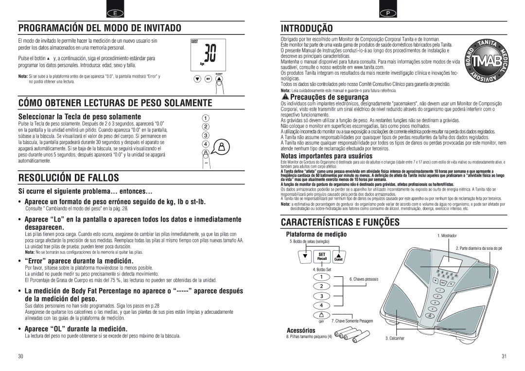 Tanita BC-554 instruction manual Programación DEL Modo DE Invitado, Cómo Obtener Lecturas DE Peso Solamente, Introdução 