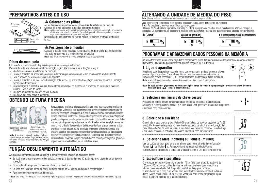 Tanita BC-554 Preparativos Antes do USO, Funçào Desligamento Automàtico, Colocando as pilhas, Dicas de manuseio 