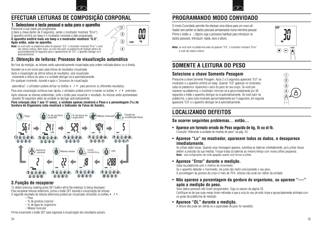 Tanita BC-554 Efectuar Leituras DE Composição Corporal, Programando Modo Convidado, Somente a Leitura do Peso 