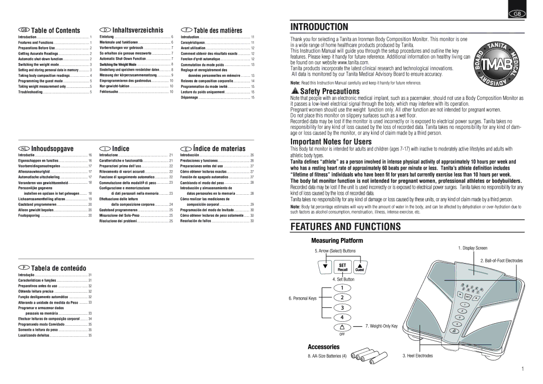 Tanita BC-554 instruction manual Features and Functions, Safety Precautions, Important Notes for Users 