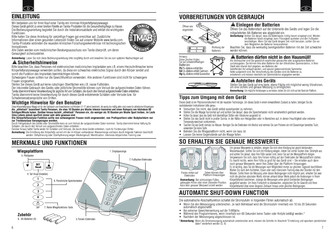 Tanita BC-554 instruction manual Merkmale UND Funktionen Vorbereitungen VOR Gebrauch, SO Erhalten SIE Genaue Messwerte 