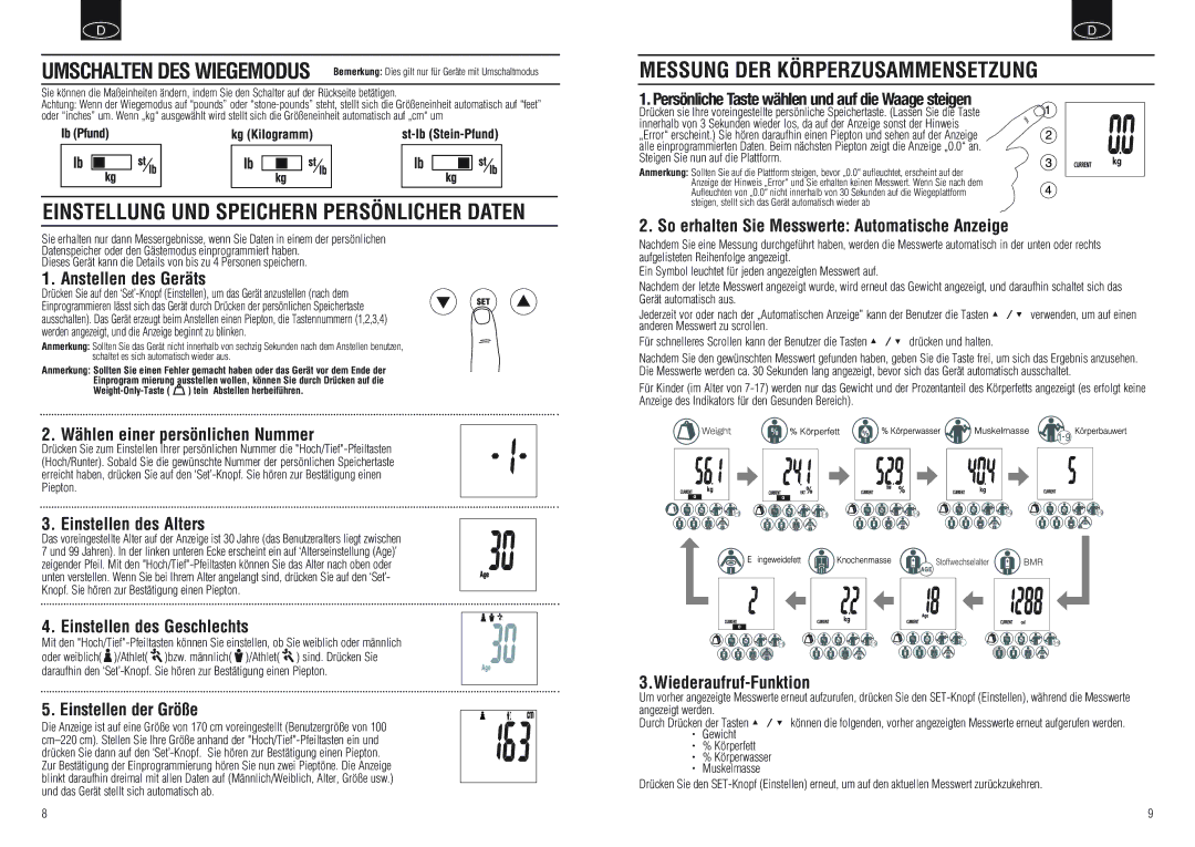 Tanita BC-554 instruction manual Einstellung UND Speichern Persönlicher Daten, Messung DER Körperzusammensetzung 