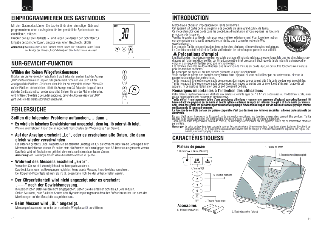Tanita BC-554 instruction manual Einprogrammieren DES Gastmodus, Nur-Gewicht-Funktion, Fehlersuche, Caractéristiquesn 
