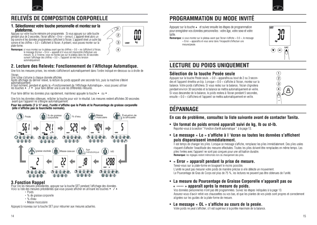 Tanita BC-554 Relevés DE Composition Corporelle, Programmation DU Mode Invité, Lecture DU Poids Uniquement, Dépannage 