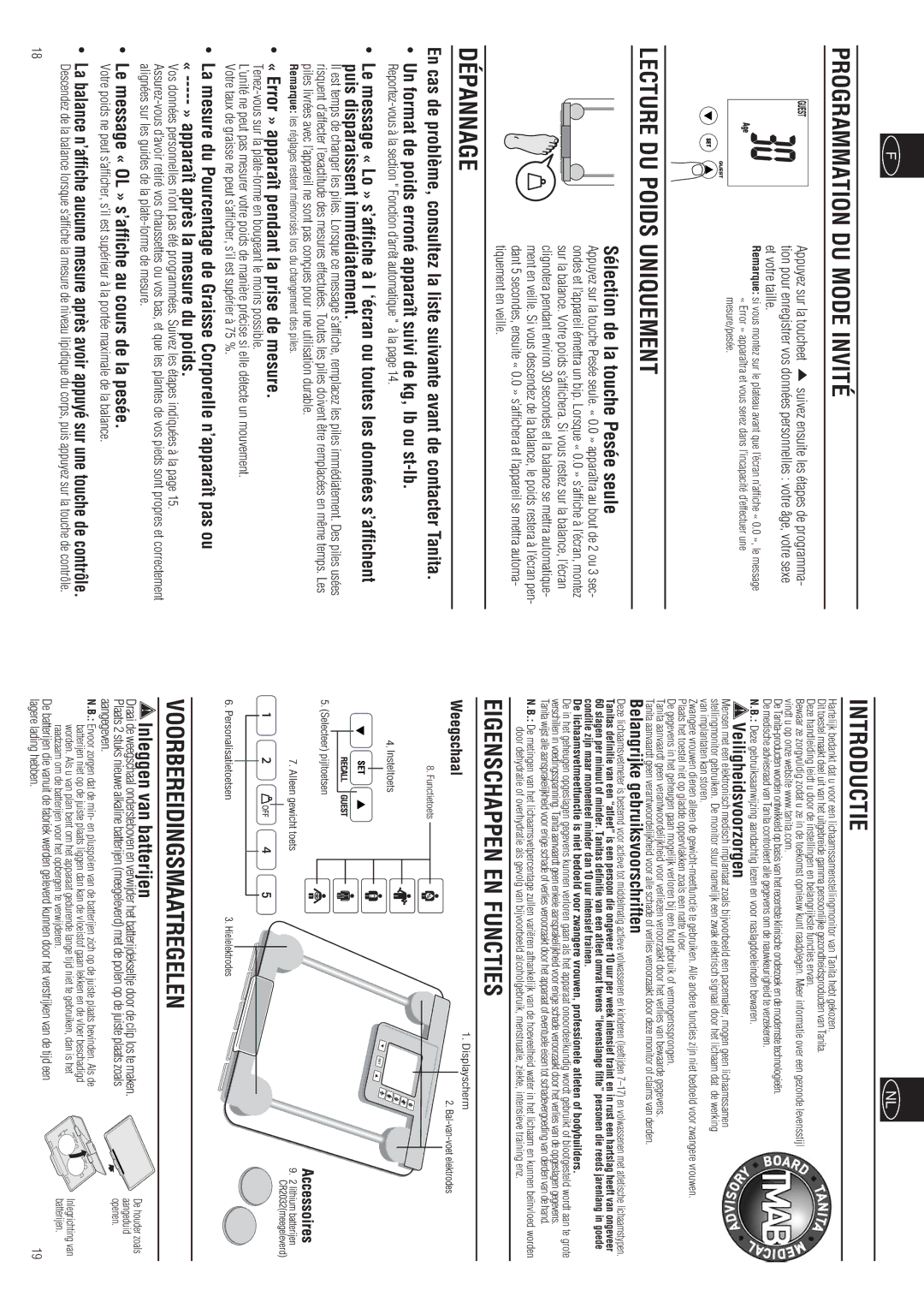 Tanita BC-557 Programmation DU Mode Invité, Lecture DU Poids Uniquement, Introductie, Eigenschappen EN Functies 