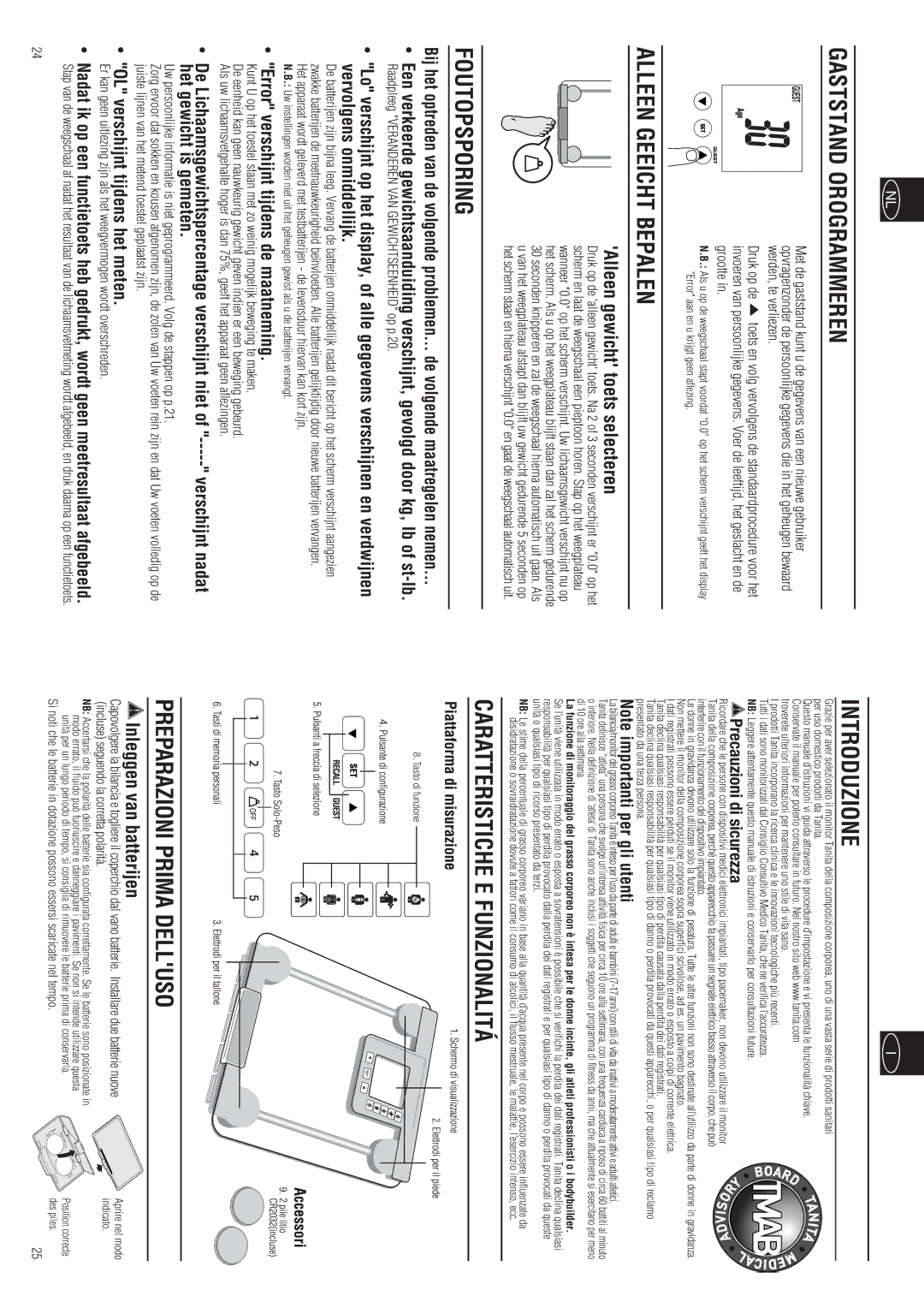 Tanita BC-557 Gaststand Orogrammeren, Alleen Geeicht Bepalen, Foutopsporing, Introduzione, Caratteristiche E Funzionalitá 