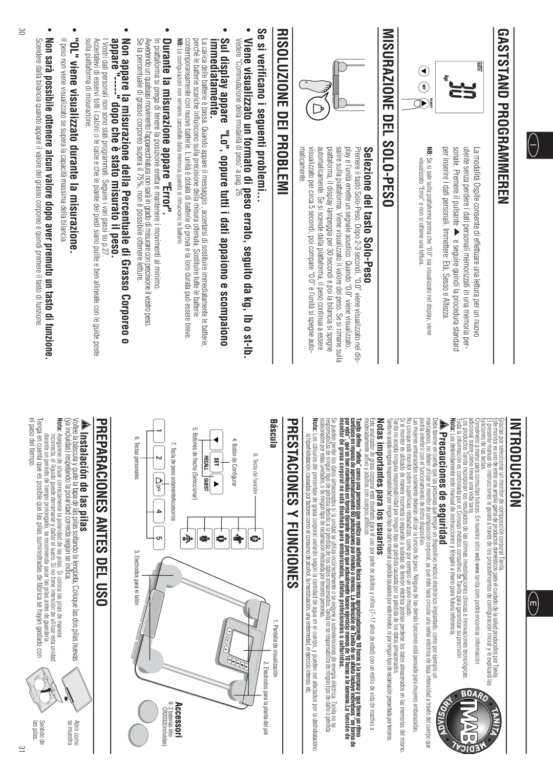 Tanita BC-557 instruction manual Gaststand Programmeren, Misurazione DEL SOLO-PESO, Risoluzione DEI Problemi, Introducción 