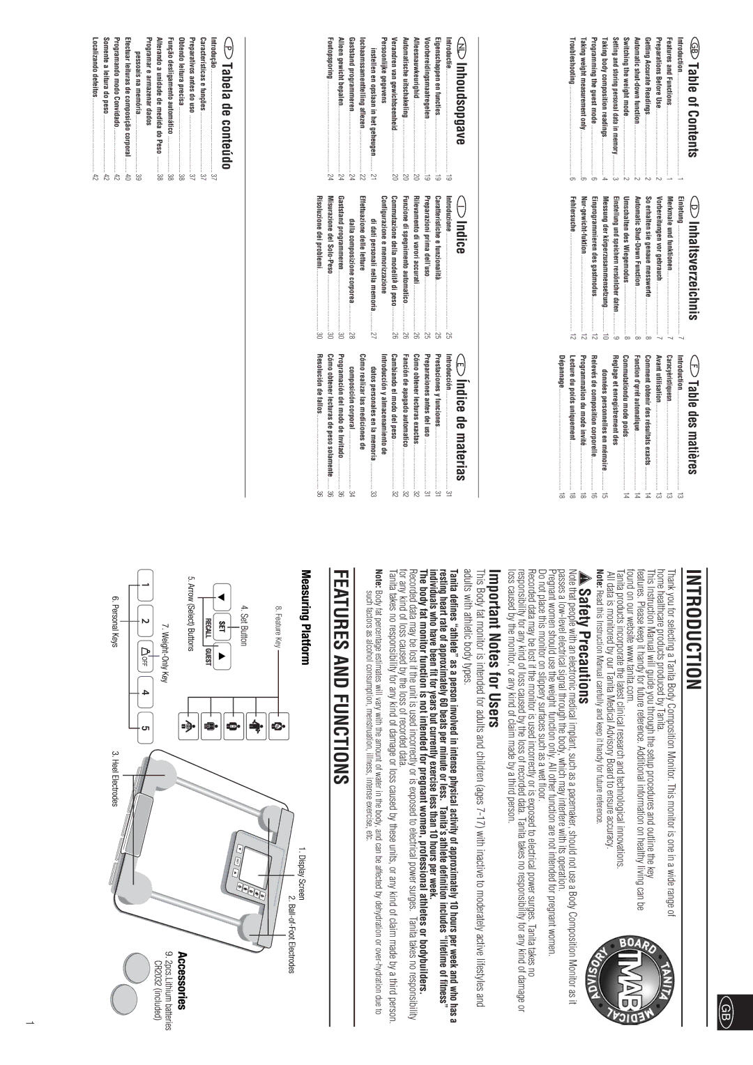 Tanita BC-557 instruction manual Introduction, Features and Functions, Safety Precautions, Important Notes for Users 