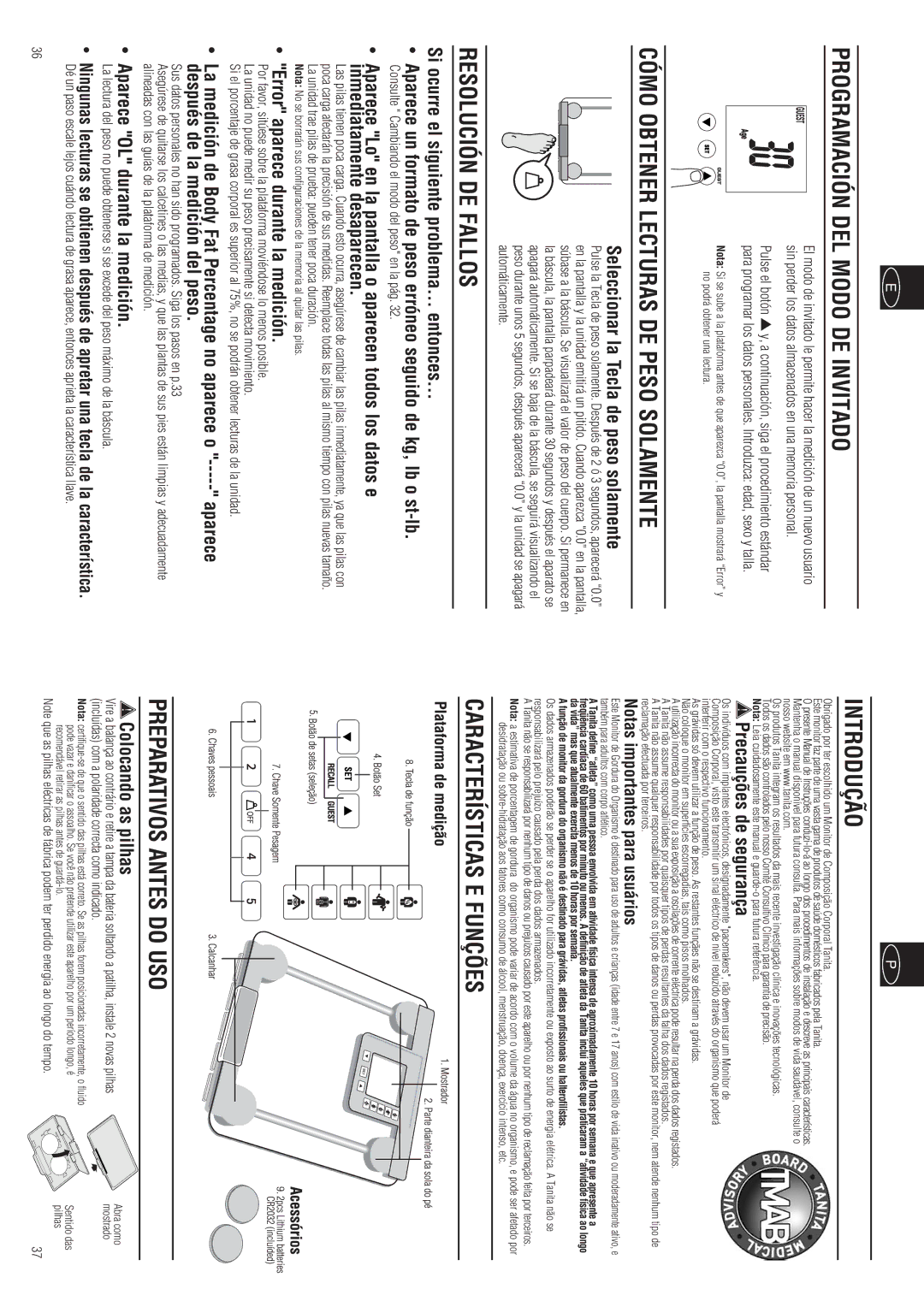 Tanita BC-557 Programación DEL Modo DE Invitado, Cómo Obtener Lecturas DE Peso Solamente, Resolución DE Fallos, Introdução 