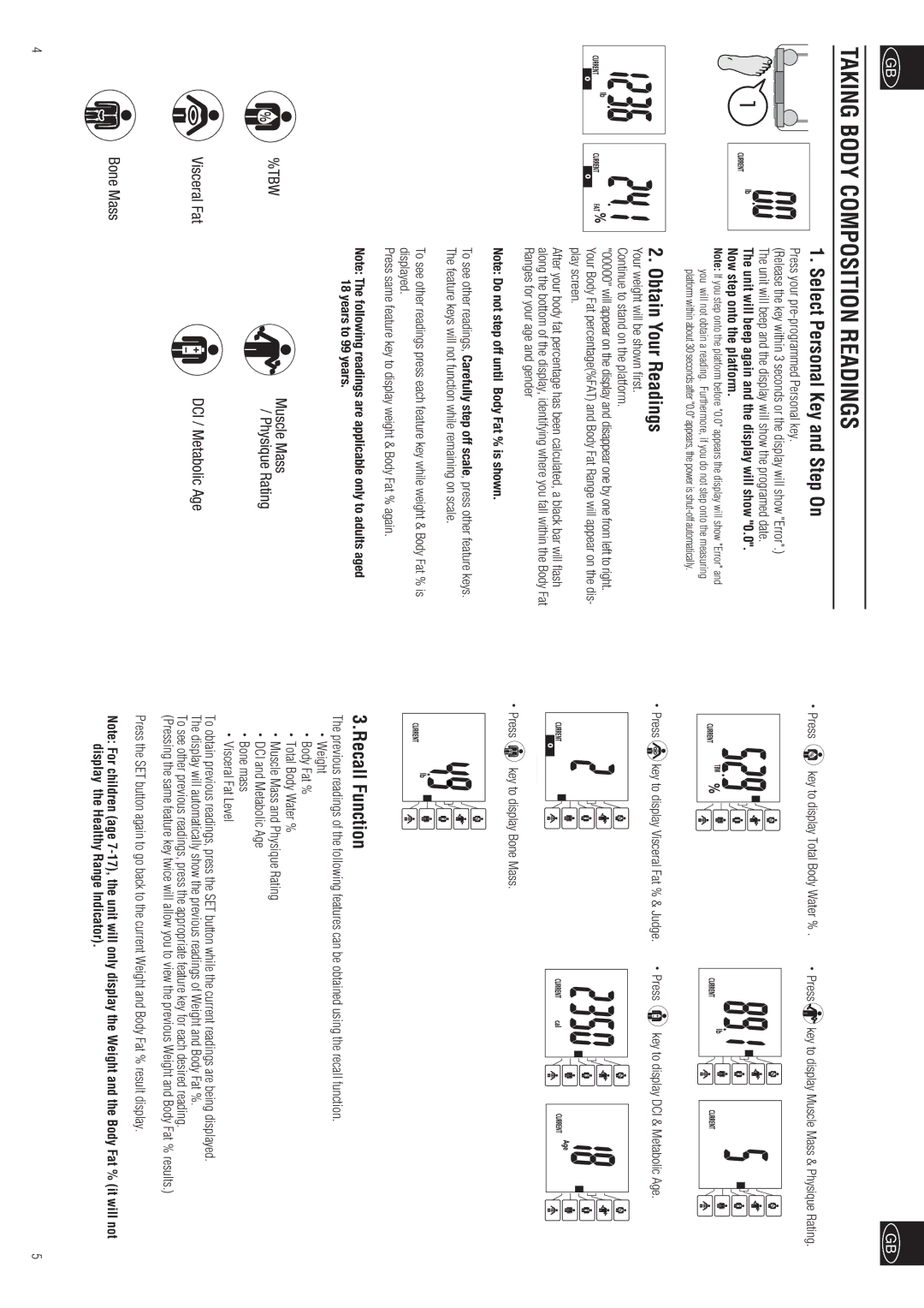 Tanita BC-557 Taking Body Composition Readings, Select Personal Key and Step On, Obtain Your Readings, Recall Function 