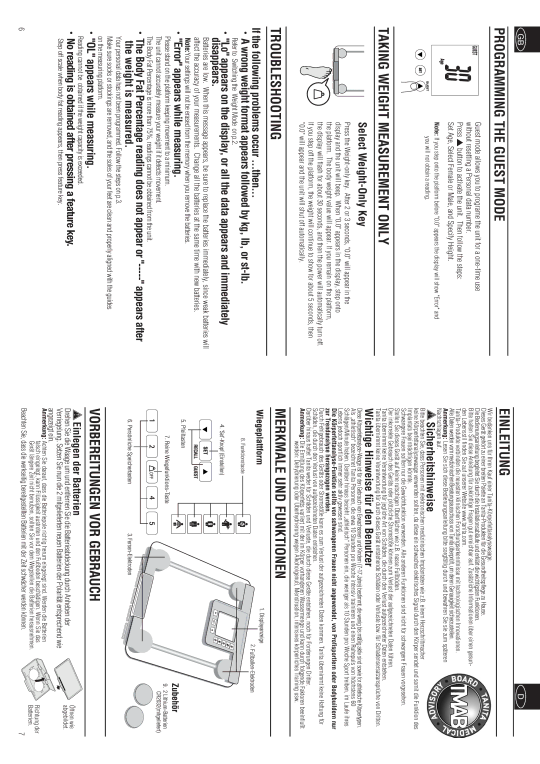 Tanita BC-557 instruction manual Programming the Guest Mode, Taking Weight Measurement only, Troubleshooting, Einleitung 