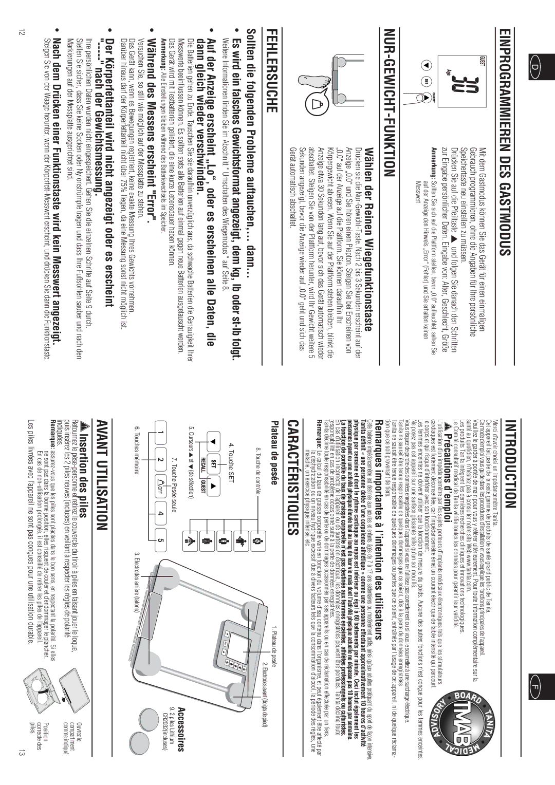 Tanita BC-557 Einprogrammieren DES Gastmodus, Nur-Gewicht-Funktion, Fehlersuche, Caractéristiques, Avant Utilisation 