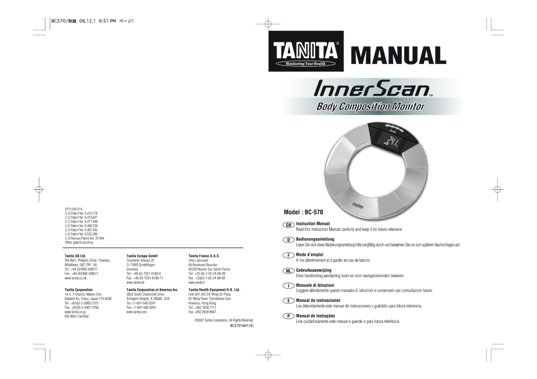 Tanita instruction manual Model BC-570, Lire attentivement et à garder en cas de besoin 