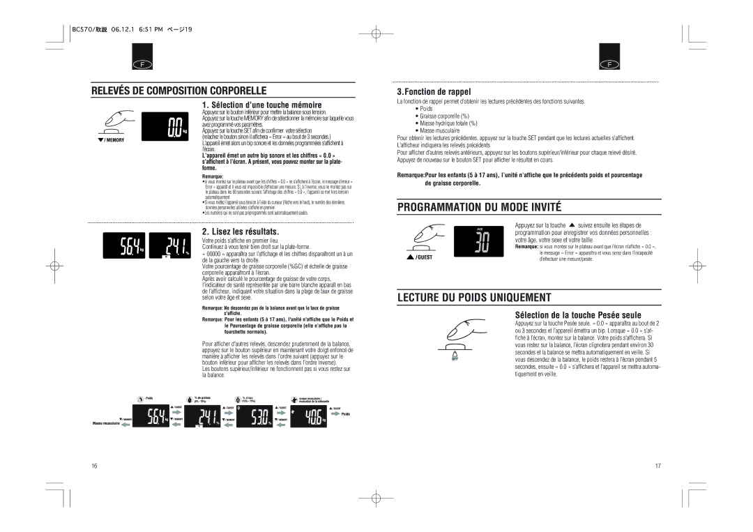 Tanita BC-570 Relevés DE Composition Corporelle, Programmation DU Mode Invité, Lecture DU Poids Uniquement 