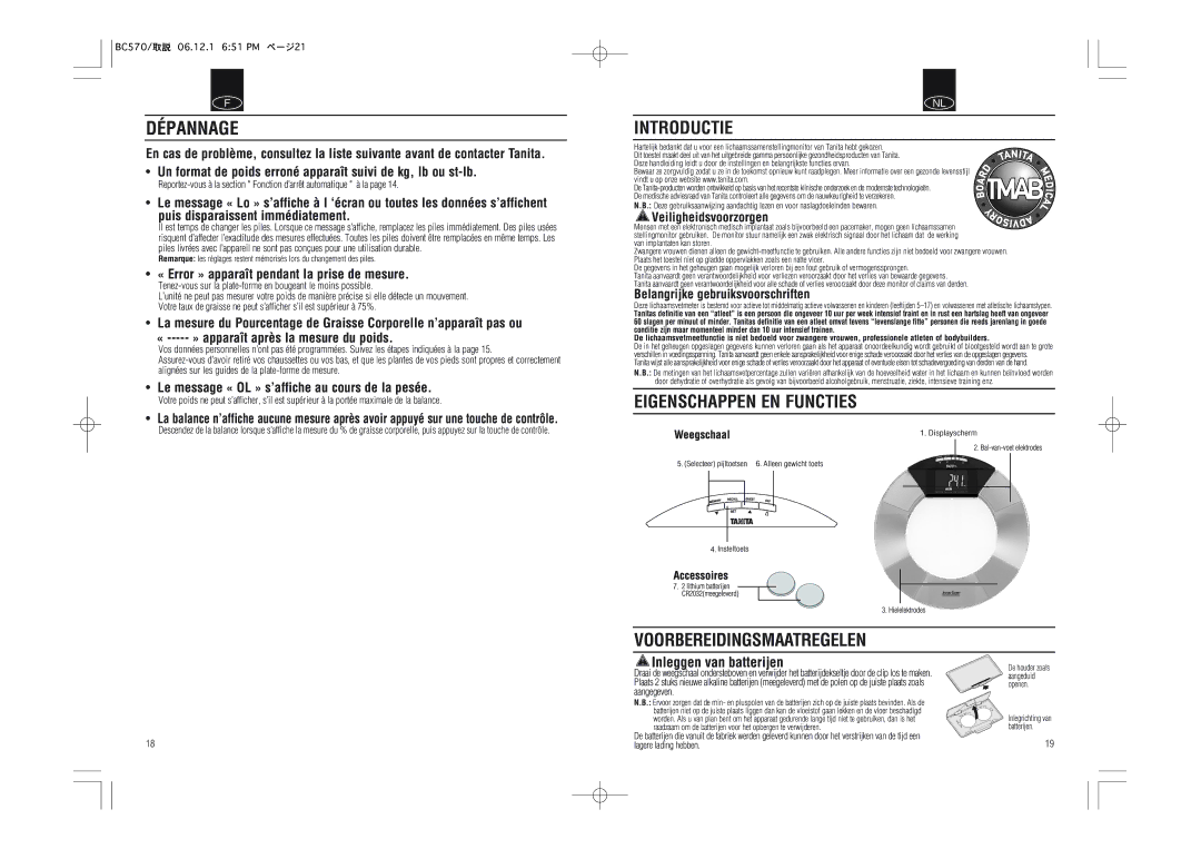 Tanita BC-570 instruction manual Introductie, Eigenschappen EN Functies Voorbereidingsmaatregelen, Inleggen van batterijen 