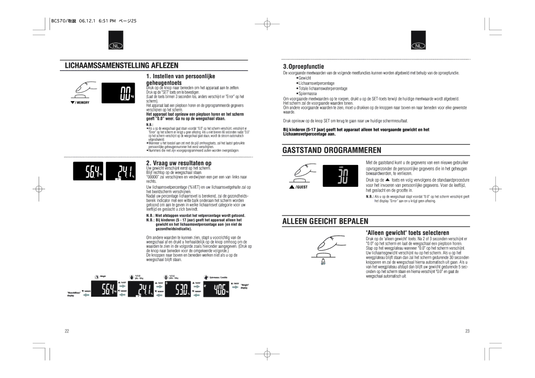 Tanita BC-570 instruction manual Lichaamssamenstelling Aflezen, Gaststand Orogrammeren, Alleen Geeicht Bepalen 