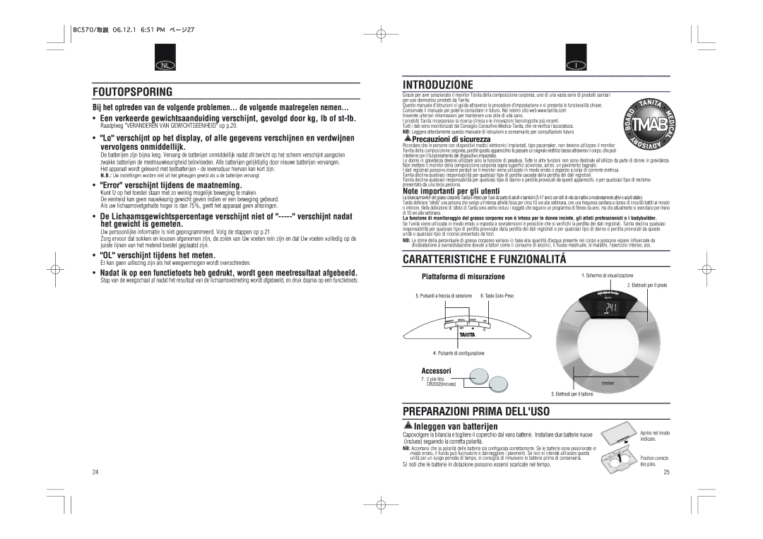 Tanita BC-570 instruction manual Foutopsporing, Introduzione, Caratteristiche E Funzionalitá Preparazioni Prima Delluso 