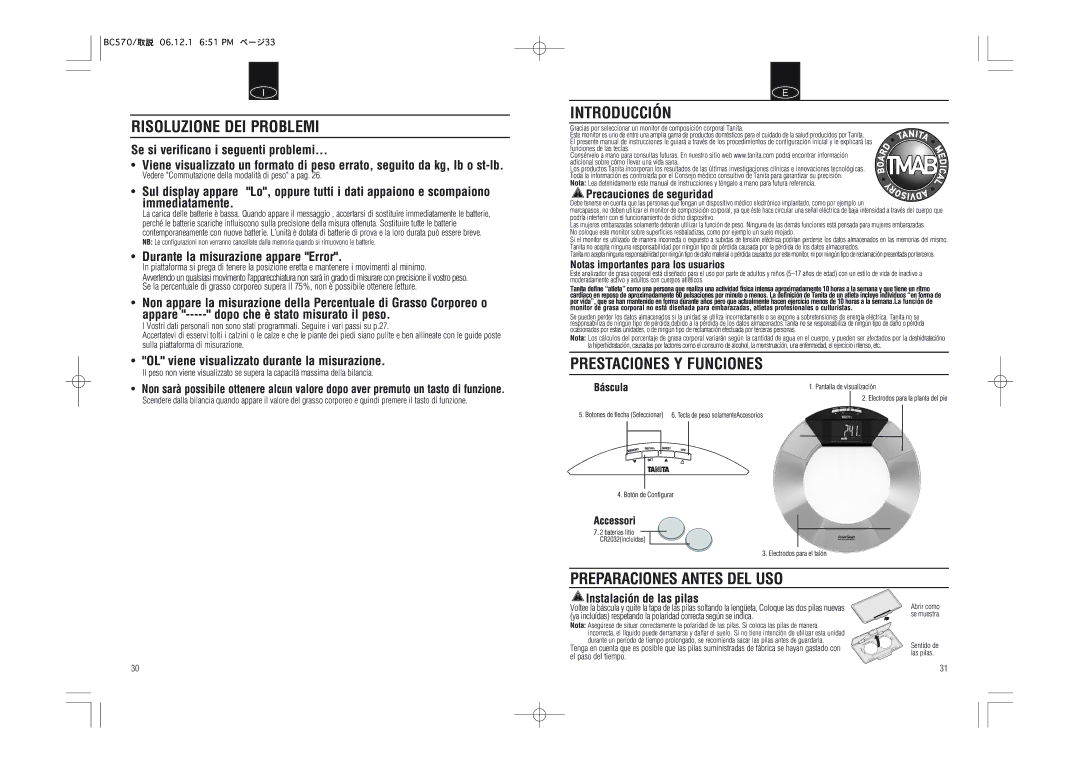 Tanita BC-570 Risoluzione DEI Problemi, Introducción, Prestaciones Y Funciones Preparaciones Antes DEL USO 