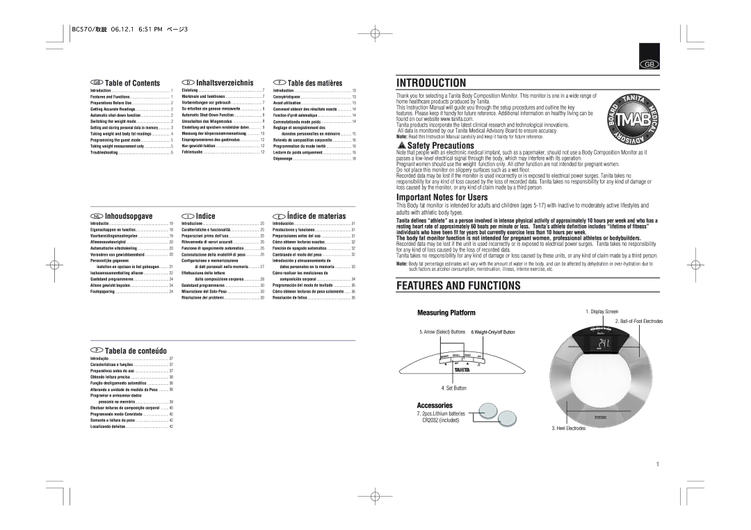 Tanita BC-570 instruction manual Introduction, Features and Functions, Safety Precautions, Important Notes for Users 