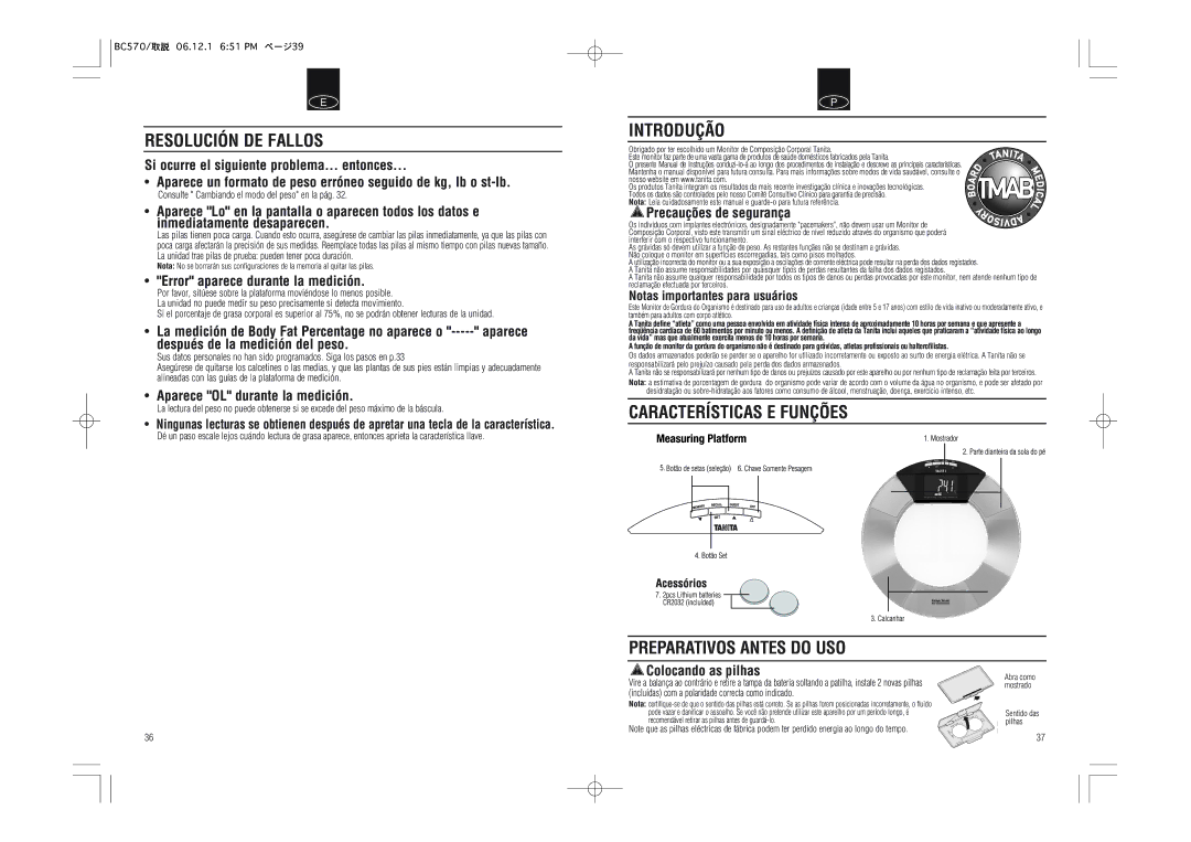 Tanita BC-570 instruction manual Resolución DE Fallos, Introdução, Características E Funções Preparativos Antes do USO 