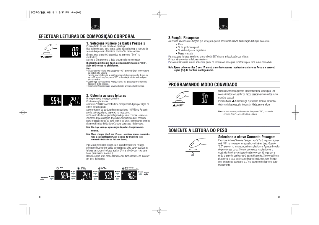 Tanita BC-570 Efectuar Leituras DE Composição Corporal, Programando Modo Convidado, Somente a Leitura do Peso 