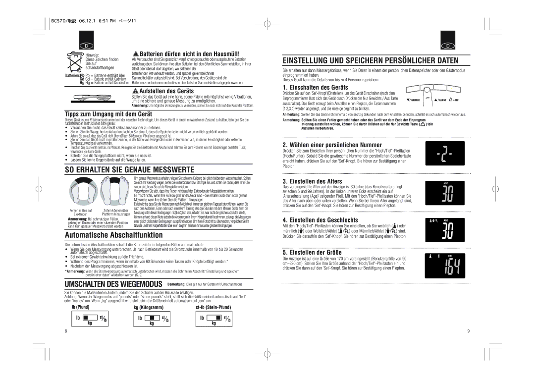 Tanita BC-570 instruction manual Einstellung UND Speichern Persönlicher Daten, SO Erhalten SIE Genaue Messwerte 