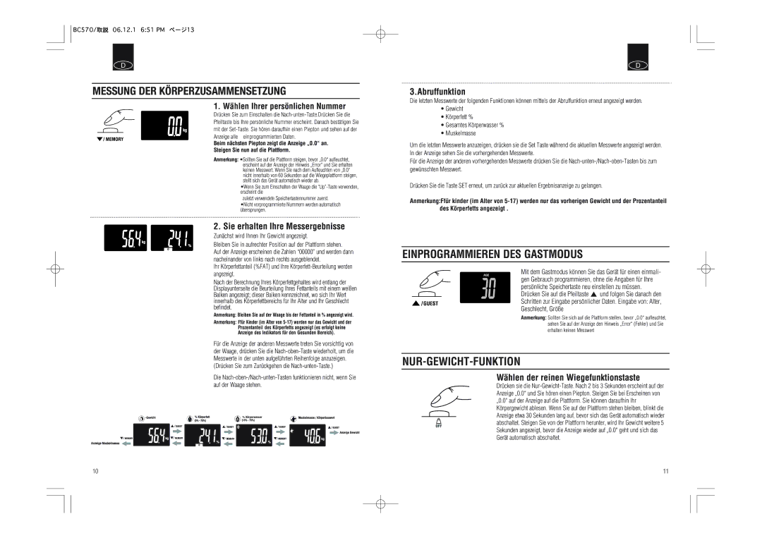 Tanita BC-570 instruction manual Messung DER Körperzusammensetzung, Einprogrammieren DES Gastmodus, Nur-Gewicht-Funktion 