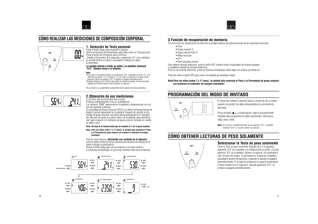 Tanita BC-573 Programación DEL Modo DE Invitado, Cómo Obtener Lecturas DE Peso Solamente, Obtención de sus mediciones 