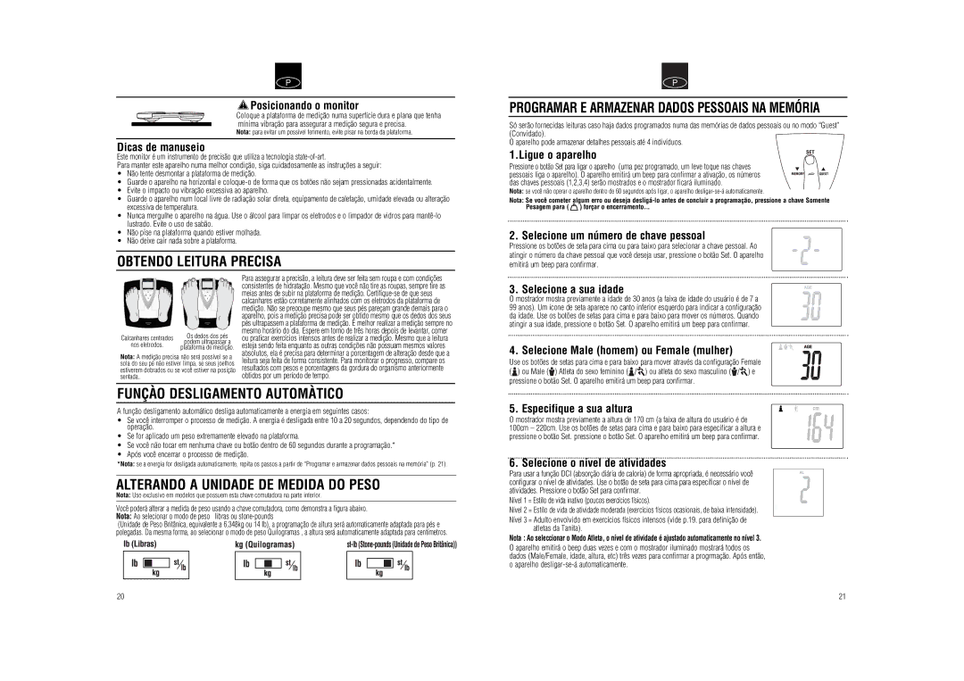 Tanita BC-573 Obtendo Leitura Precisa, Funçào Desligamento Automàtico, Alterando a Unidade DE Medida do Peso 