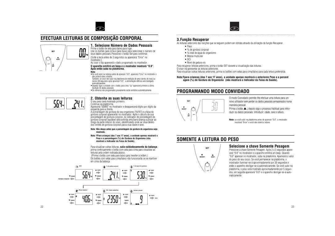 Tanita BC-573 Efectuar Leituras DE Composição Corporal, Programando Modo Convidado, Somente a Leitura do Peso 