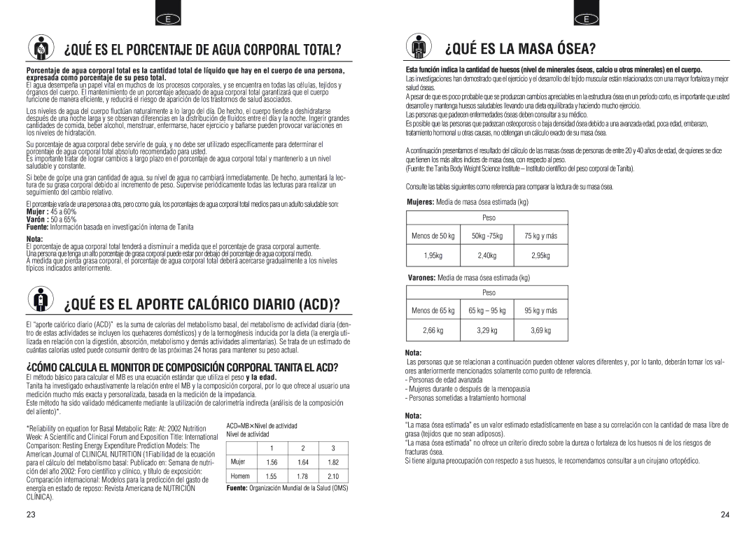 Tanita BC550 ¿QUÉ ES EL Aporte Calórico Diario ACD?, ¿QUÉ ES LA Masa ÓSEA?, ¿QUÉ ES EL Porcentaje DE Agua Corporal TOTAL? 