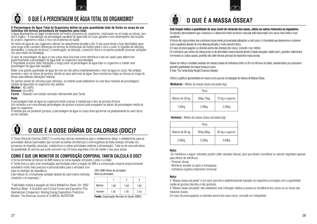 Tanita BC550 QUE É a Dose Diária DE Calorias DDC?, QUE É a Massa ÓSSEA?, QUE É a Percentagem DE Água Total do ORGANISMO? 