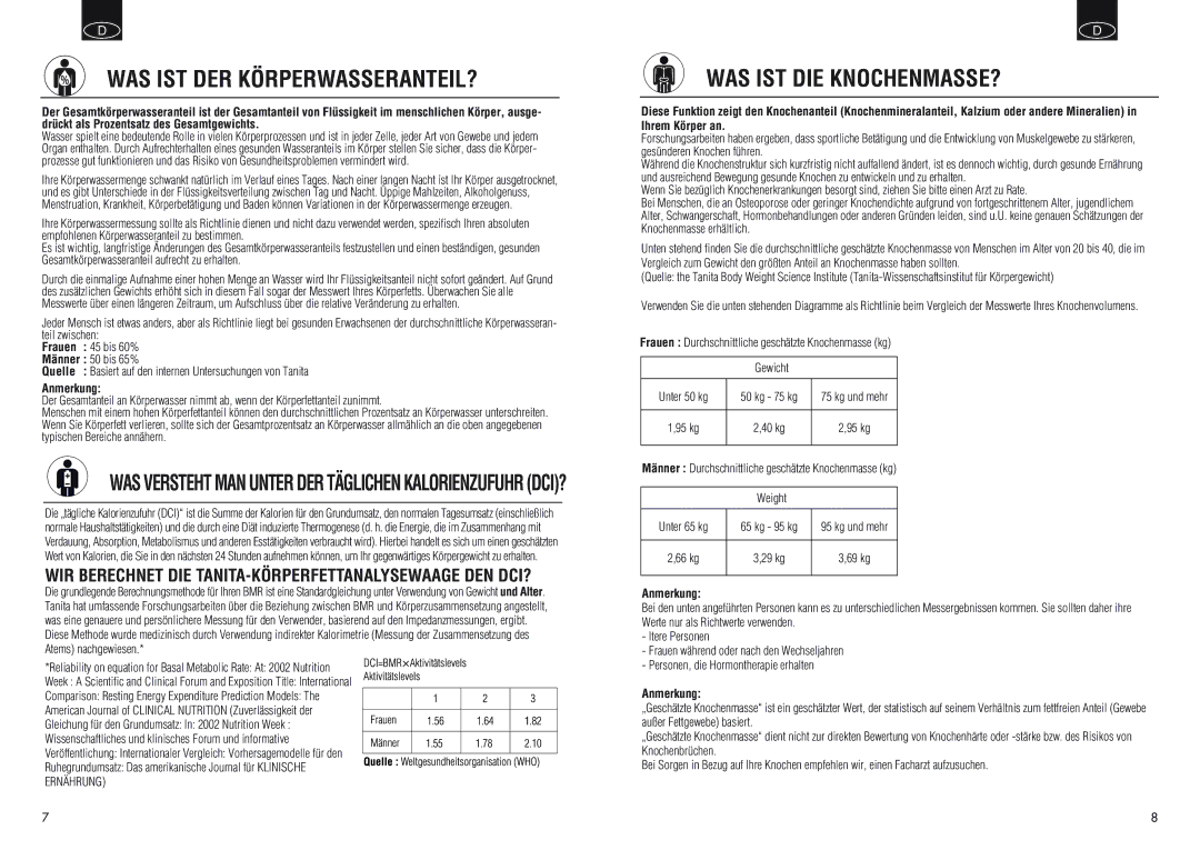 Tanita BC550 manual Was Ist Der Körperwasseranteil?, Was Ist Die Knochenmasse?, Kg und mehr 