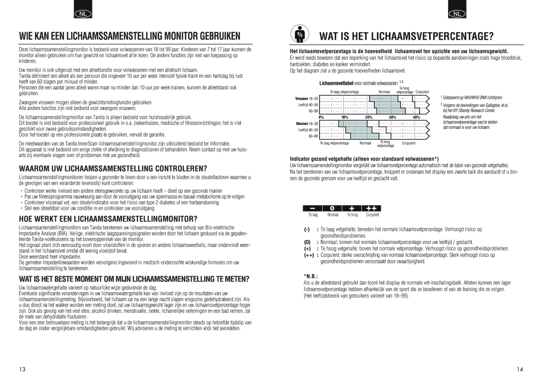 Tanita BC550 manual WAT is HET LICHAAMSVETPERCENTAGE?, WIE KAN EEN Lichaamssamenstelling Monitor Gebruiken 