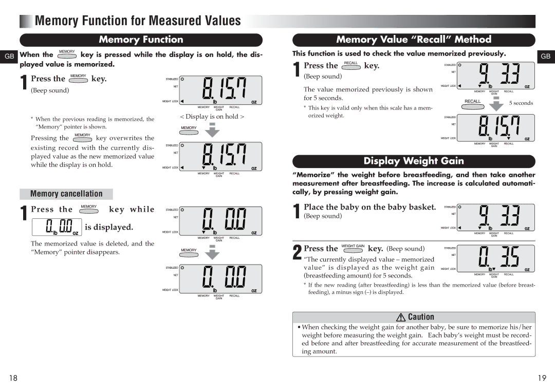 Tanita BD-815U instruction manual Memory Value Recall Method, Display Weight Gain, Memory Function for Measured Values 