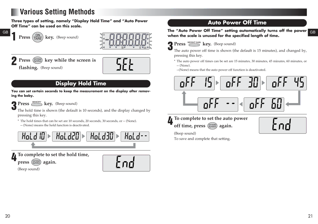 Tanita BD-815U instruction manual Various Setting Methods, Display Hold Time, Auto Power Off Time 