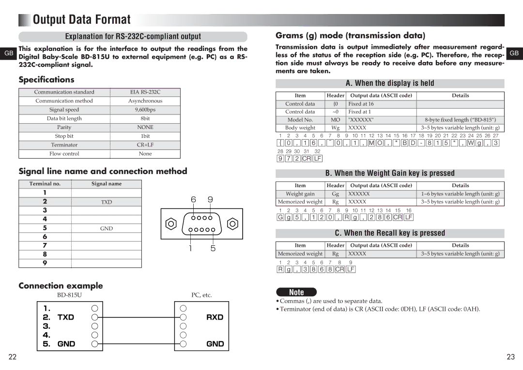 Tanita BD-815U instruction manual Output Data Format, Explanation for RS-232C-compliant output, When the display is held 