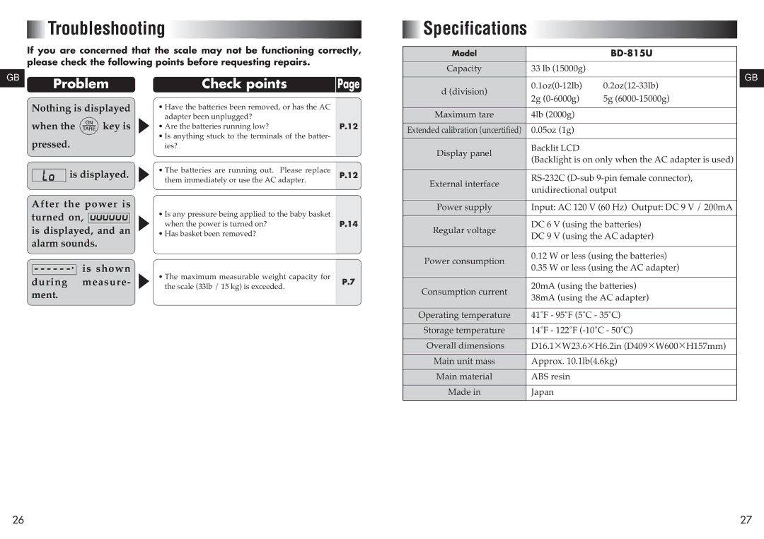 Tanita BD-815U instruction manual GB Problem, Check points 