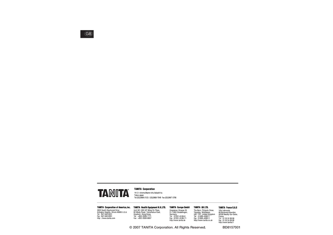 Tanita BD-815U instruction manual Tanita Corporation. All Rights Reserved BD8157001 