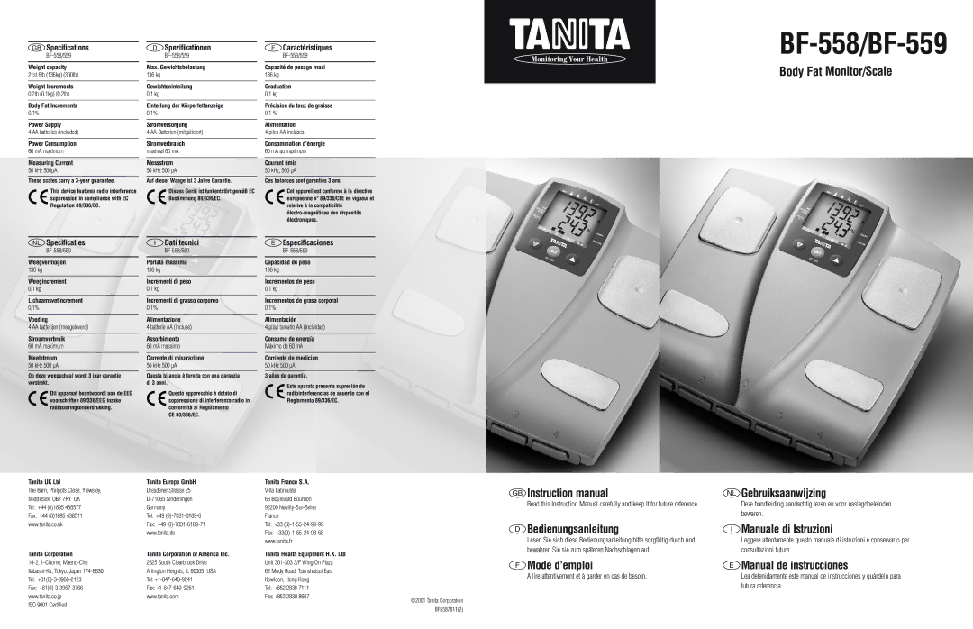 Tanita BF-559, BF-558 instruction manual Gebruiksaanwijzing, Bedienungsanleitung Manuale di Istruzioni 