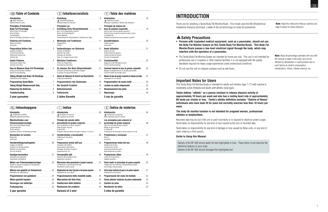 Tanita BF-558, BF-559 instruction manual Introduction, Safety Precautions, Important Notes for Users 