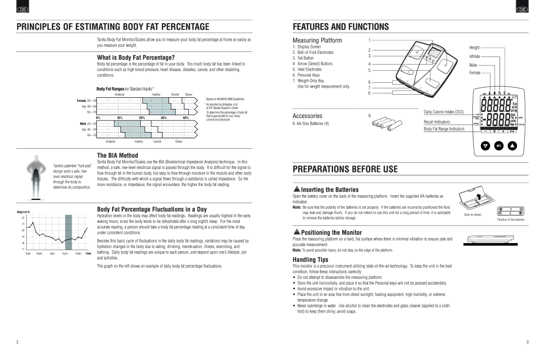 Tanita BF-559, BF-558 instruction manual Preparations Before USE 