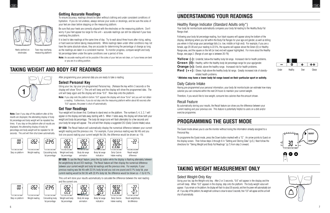 Tanita BF-559, BF-558 Understanding Your Readings, Taking Weight and Body FAT Readings, Programming the Guest Mode 