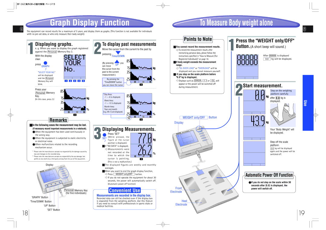 Tanita BF-562 instruction manual Graph Display Function, Displaying Measurements, 2To display past measurements 