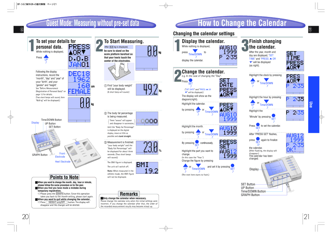 Tanita BF-562 instruction manual Changing the calendar settings, To Start Measuring, Finish changing, Calendar 