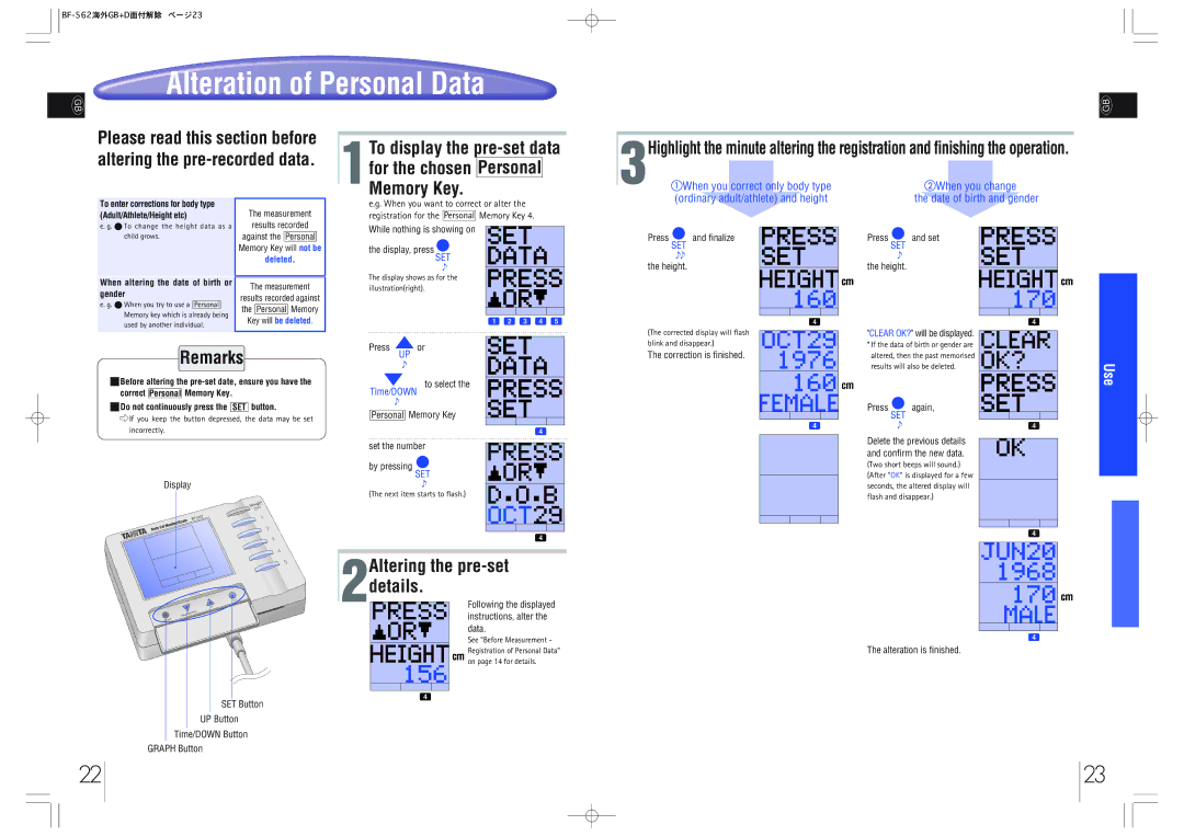 Tanita BF-562 instruction manual To display the pre-set data, Altering the pre-set, 2details, 1Memory Key 