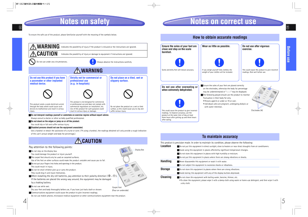 Tanita BF-562 instruction manual How to obtain accurate readings, To maintain accuracy 